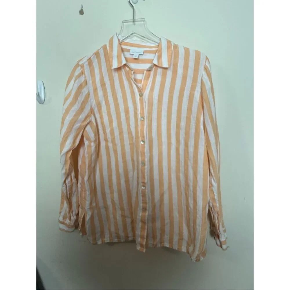 J Jill Everyday Love Linen Button-Front Shirt Coral and White Stripe Medium